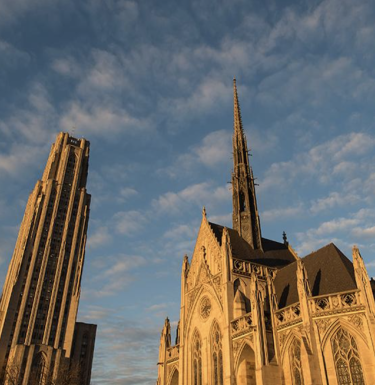 Cathedral of Learning and Heinz Chapel at sunset.